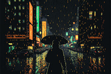 Pixel Art Neon Lit Cyberpunk Cityscape With Silhouetted Figure On A Rainy Night. [Sci-Fi, Fantasy, Historic, Horror Scene. Generative AI. Graphic Novel, Video Game, Anime, Comic, Or Manga]