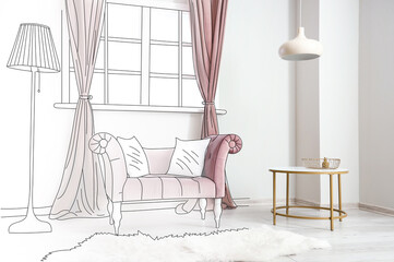 Poster - New interior of modern living room with pink armchair, table and lamps