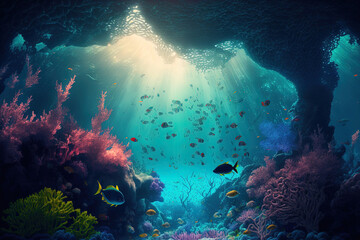 Poster - Underwater coral reef, sea coral lagoon, and ocean ecology. Generative AI