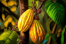 The Fruit Bearing Cocoa Tree. On The Trees Of The Cacao Plantation In The Thai Town Of Nan, Yellow And Green Cocoa Pods Grow. Generative AI