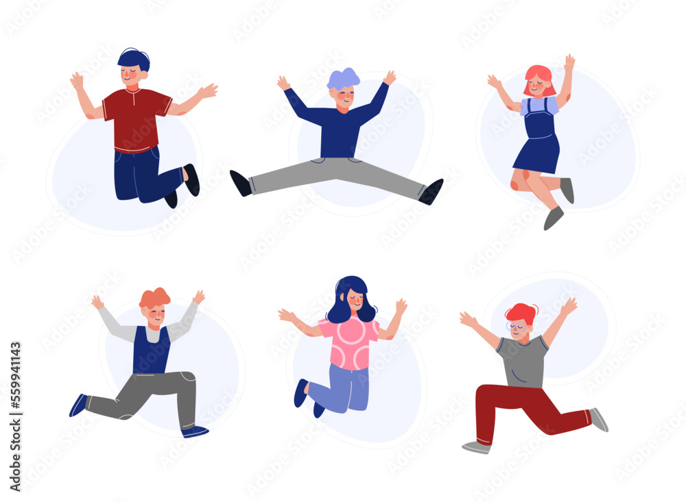 Happy boys and girls jumping with raising hands set. Joyful children ...