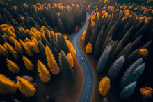 Aerial Shot Of A Mountain Road Through A Vibrant Forest In Ukraine During The Fall. Aerial Picture Of A Road In The Woods. A Lovely Scene With A Road In The Hills, Pine Trees, And An Automobile In The