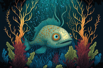 Poster - cartoon drawing of a marine creature under an ocean and vegetation. Generative AI