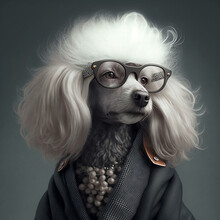 Fashion Dog With Pearls, Jacket, And Vintage Glasses. Poodle Model. [Fantasy, Historic, Sci-Fi Character Portrait. Graphic Novel, Video Game, Anime, Comic, Or Manga Illustration.]