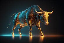 The Golden Bull Is A Symbol Of Financial Growth In A Technological Style On A Black And Blue Background