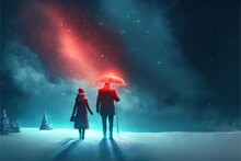 A Couple Walks Together Under One Umbrella In The Glow