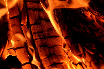 Poster - Bright graphic resource consists of a texture of burning wood and a close-up flame.