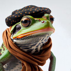 Portrait of a frog dressed in a beret and scarf . Generative AI