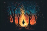 Fototapeta  - A man with a torch in the forest, fantasy scene