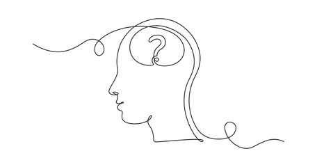 Concept of confused feelings in one continuous line drawing. Human head with question mark inside in simple linear style. Doodle Vector illustration for banner, brochure, poster, presentation