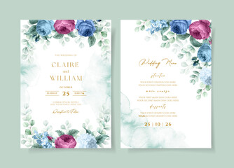Wall Mural - Wedding invitation template set with floral and leaves decoration