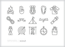 Set Of Scouting Line Icons For Enjoying Nature, Learning About The Outdoors, And Enjoying Recreational Hobbies.