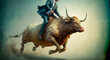 business man rididng bull and jumping up, AI generate