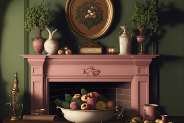 Cozy green walls and a rose fireplace with fruit on the table. A palette of raspberry, blush pink, holly green, peach, and coral evokes warmth and comfort.