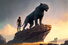 A Man And A Black Panther Standing On A Rock