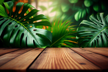 Wall Mural - Jungle and wooden table background created with generative Ai technologies