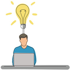 Poster - continuous line drawing man sitting with laptop computer create new idea colored png image with tran