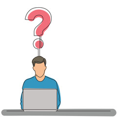 Poster - continuous line drawing man sitting with laptop computer with question colored png image with transp