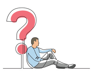 Poster - continuous line drawing sitting man with question colored png image with transparent background