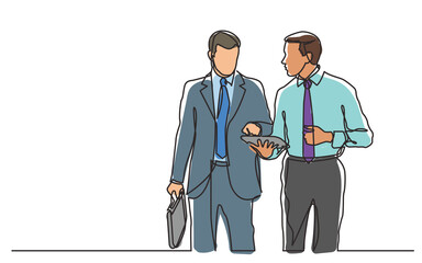 Poster - continuous line drawing two businessmen walking discussing deal colored png image with transparent b