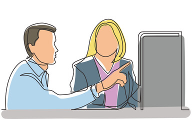 Poster - continuous line drawing two office worker discussing showing on display colored PNG image with transparent background
