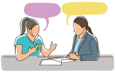 Poster - continuous line drawing two weneb discussing signing paperworks employees colored png image with tra