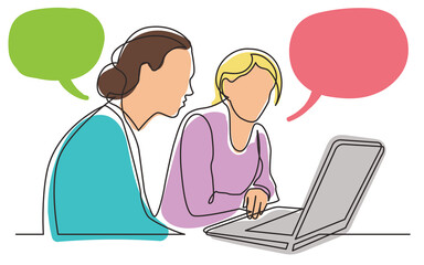 Poster - continuous line drawing two women sitting watching laptop computer  employees colored PNG image with transparent background