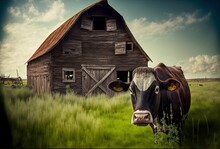Barn Made Of Rusty Wood, With A Cow Sleeping Inside, On A Farm With Green Grass Outside. Generative AI
