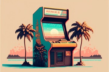 Retro arcade machine, 80s, pixel art style. Digital illustration AI