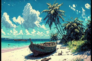 Landscape with fishing boat on the beach, sky and clouds, anime style. Digital illustration. AI