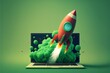 Rocket coming out of laptop screen, green background. AI digital illustration