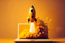 Rocket Coming Out Of Laptop Screen, Orange Background. AI Digital Illustration
