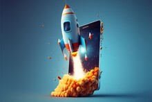Rocket Coming Out Of Mobile Phone Screen, Blue Background. AI Digital Illustration