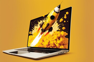 Wall Mural - rocket coming out of laptop screen, orange background. ai digital illustration