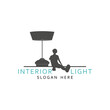 Floor lamp logo. Template of electric torchere for interior design, energy furniture business branding. Home equipment in modern style. Young woman sitting and relaxing near torchere