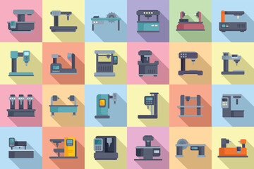 Poster - Cnc machine icons set flat vector. Mill controller. Router tool