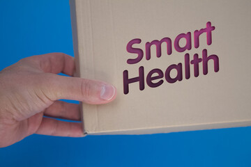 Poster - Smart Health word with cardboard box. Brown folded card box.