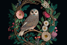 A Painting Of An Owl Sitting On A Branch Surrounded By Flowers, Generative AI