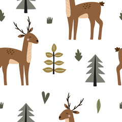  Seamless pattern with cute deer and Scandinavian forest elements. Vector illustration isolated on white background for nursery and textile decoration