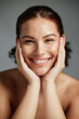 © K Abrahams/peopleimages.com - Portrait, beauty and skincare with a model black woman in studio on a gray background for face treatment. Facial, wellness and natural with an attractive young female posing to promote a skin product