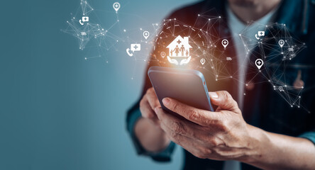 Businessman touch on virtual medical health care icons on mobile application