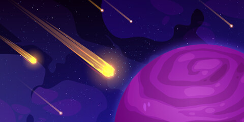 Wall Mural - burning asteroids flying in outer space to hit alien planet floating in dark sky. cartoon vector ill