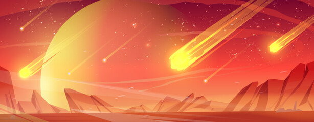 Poster - asteroids with burning trails falling on alien orange planet. cartoon vector illustration of cosmic 