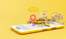 Fast Delivery By Scooter Bike And Van With Mobile. E-commerce Concept. Online Food And Shopping Crate Box Order With Route Map. Webpage, App Design. Yellow And White Background. Perspective 3d Render