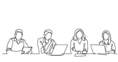 Poster - continuous line drawing of office workers team having discussion at business meeting - png image wit