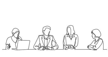 Poster - continuous line drawing of office workers team having discussion at business meeting - png image wit