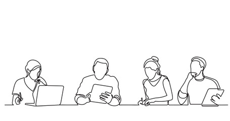 Poster - continuous line drawing of office workers team having discussion at business meeting - png image wit