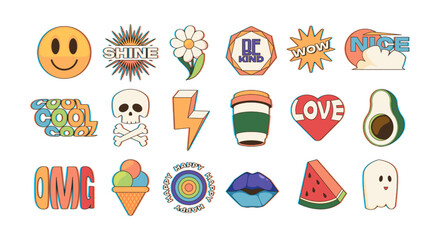 Fototapete - Trendy sticker pack. Cartoon doodle patches and stamps with abstract comic characters and text, trendy hipster badges with funny phrase. Vector set of graphic funny sticker and patch illustration
