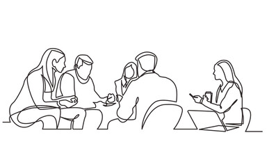 Poster - continuous line drawing work team having meeting - png image with transparent background