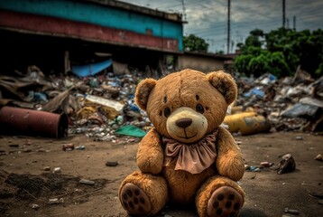 Wall Mural - Homeless teddy bear in dirty city slums alone and emotionally sad; forgotten, unloved and lost surrounded by abandoned destroyed building ruins - Generative AI illustration.